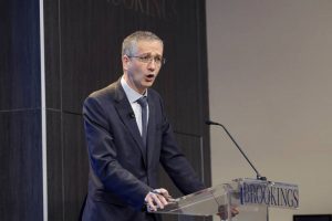 El gobernador del Banco de Espana Pablo Hernandez de Cos habla durante un evento organizado por la Institucion Brookings 10.4.23 Washington. EFE L Nolly