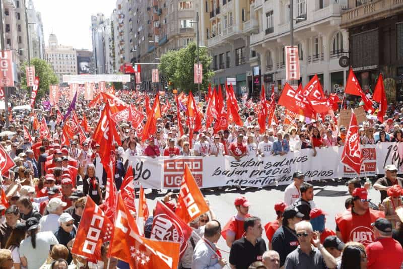 Manifestacion para celebrar el Dia Internacional del Trabajador convocada por UGT y CCOO en Madrid 1.5.23 EFE J C Hidalgo